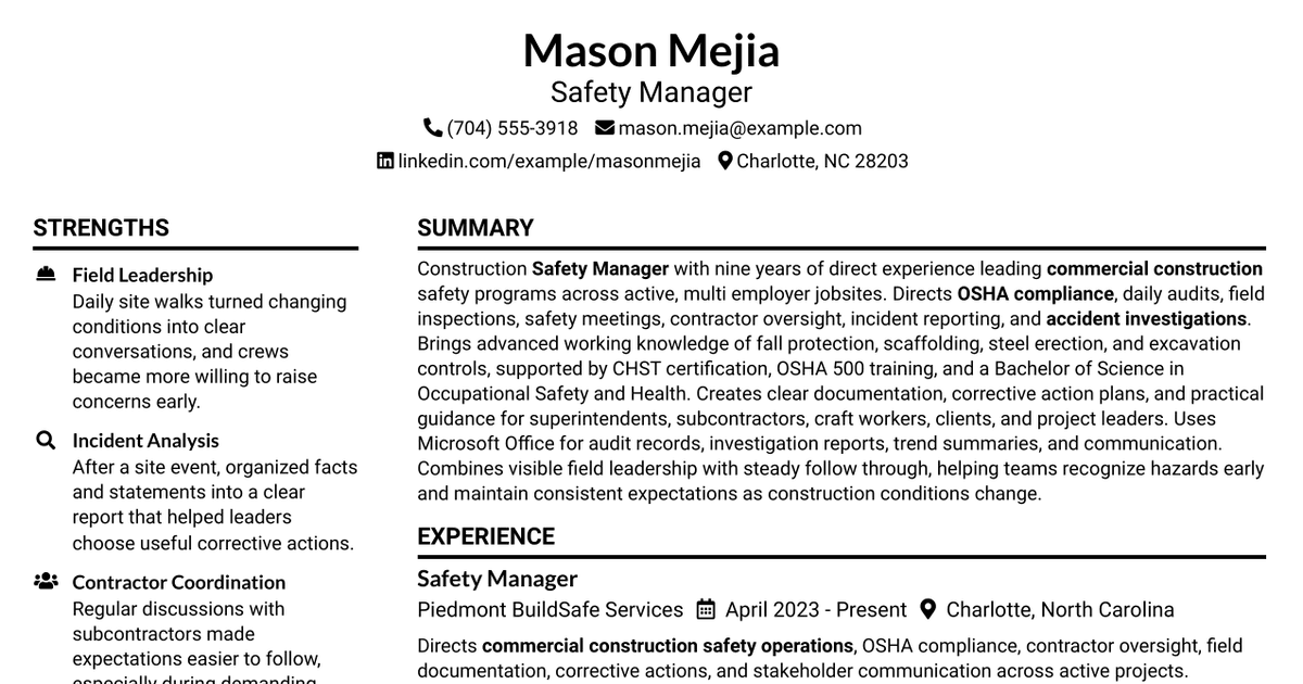 7 Safety Manager Resume Templates with Example
