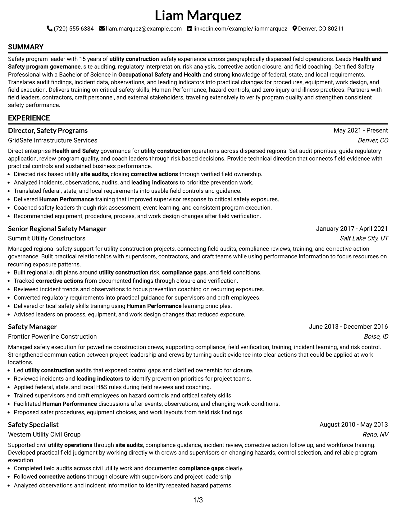 Resume Example Page 1