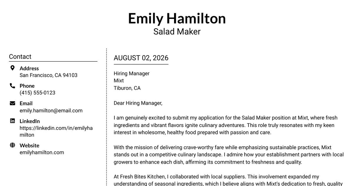 30+ Salad Maker Cover Letter Templates with Example 2026
