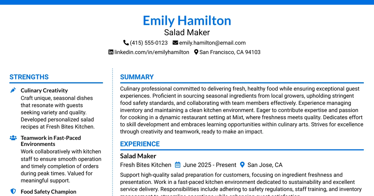 33 Salad Maker Resume Templates with Example 2026 (ATS-Optimized)