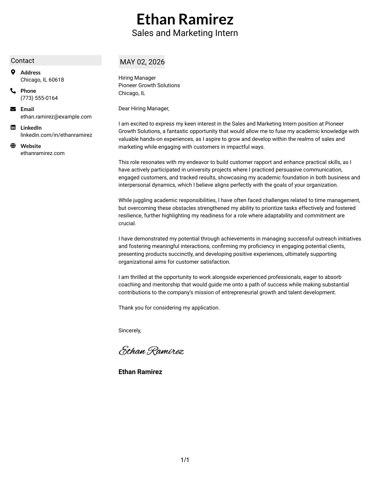 Sales and Marketing Intern Cover Letter Example Shaded Labels Clean Two Column Format