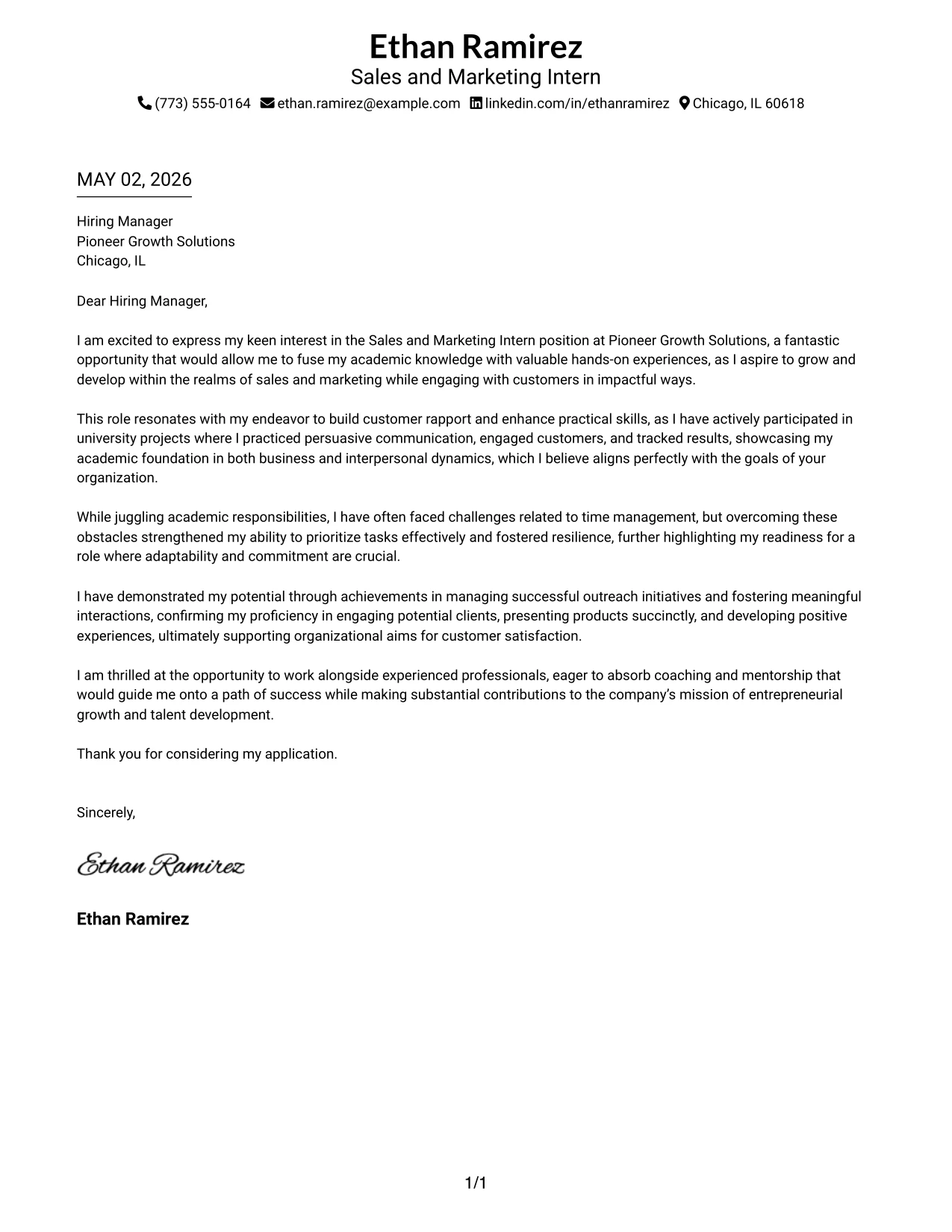 Sales and Marketing Intern Cover Letter Example Simple One Column Format