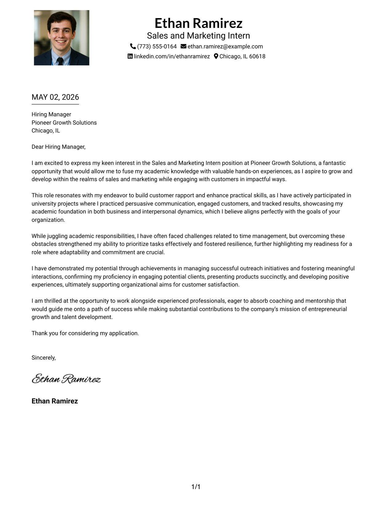 Sales and Marketing Intern Cover Letter Example One Column Format with Photo
