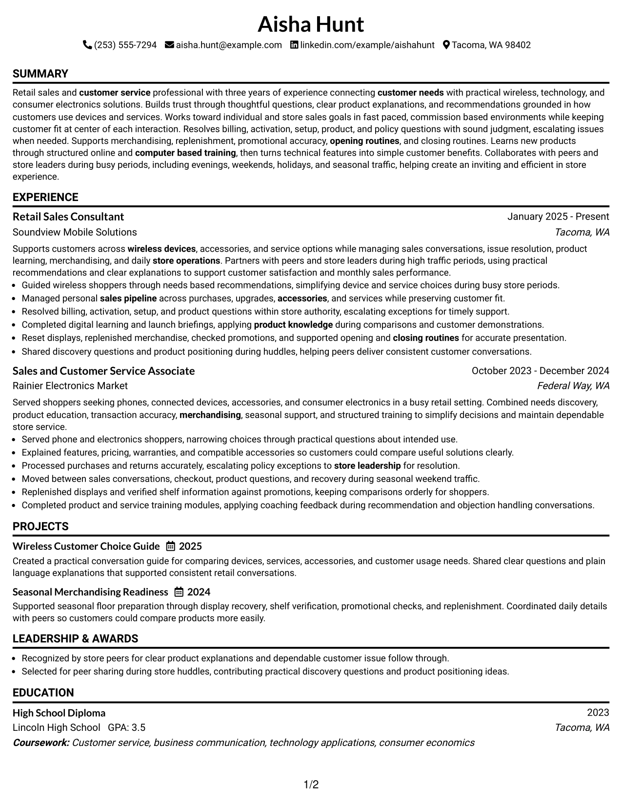 Resume Example Page 1