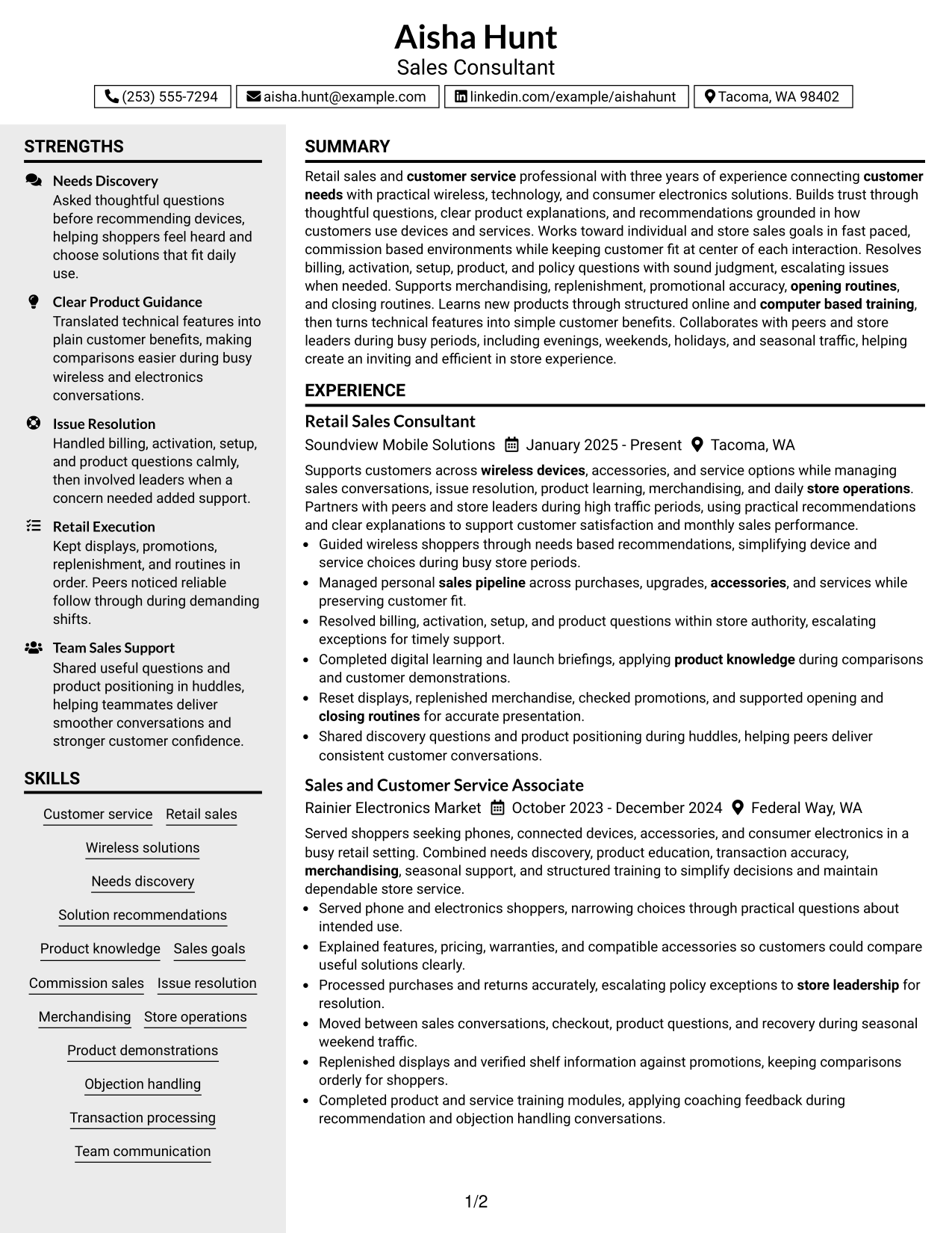 Resume Example Page 1