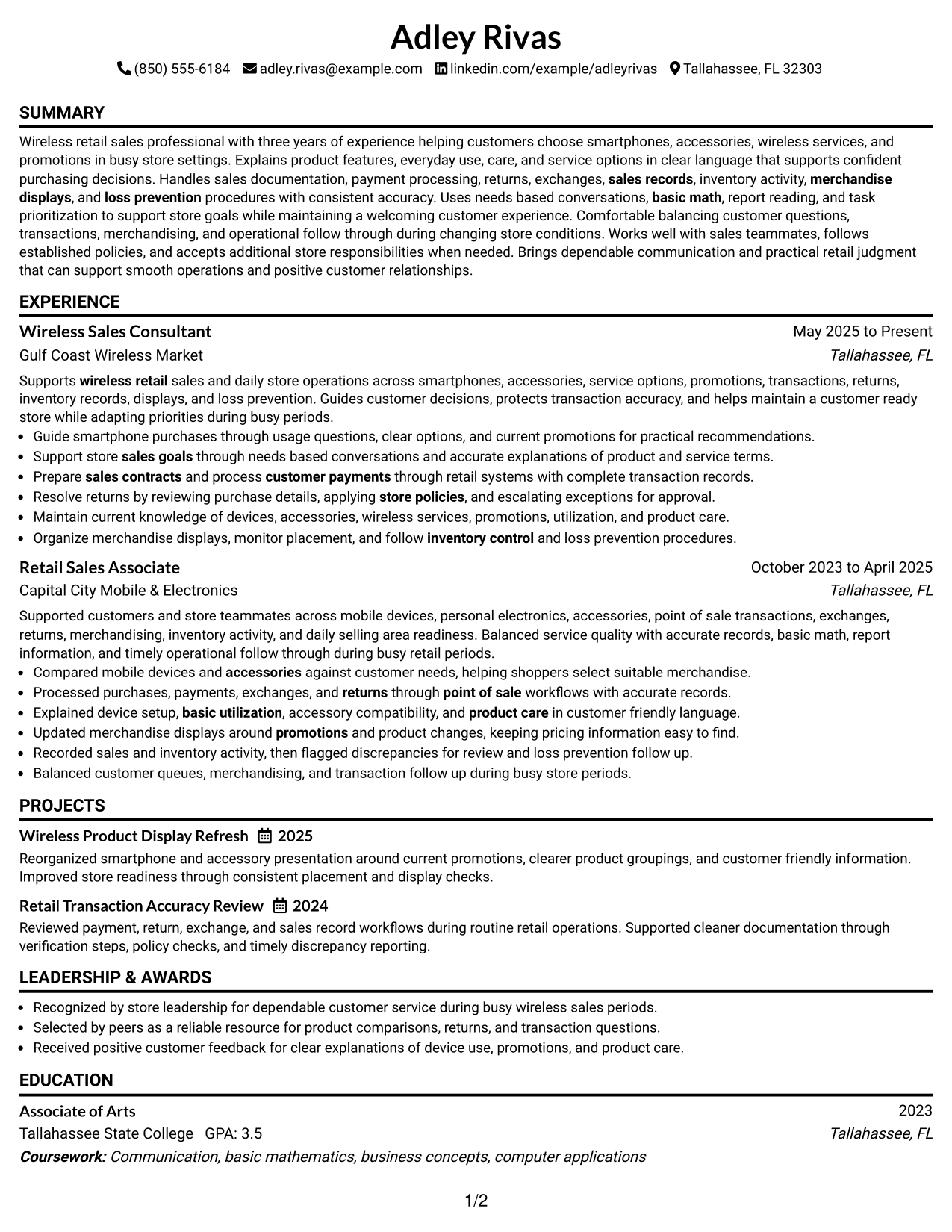 Resume Example Page 1