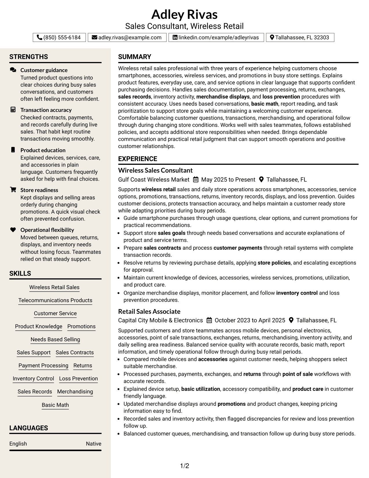 Resume Example Page 1