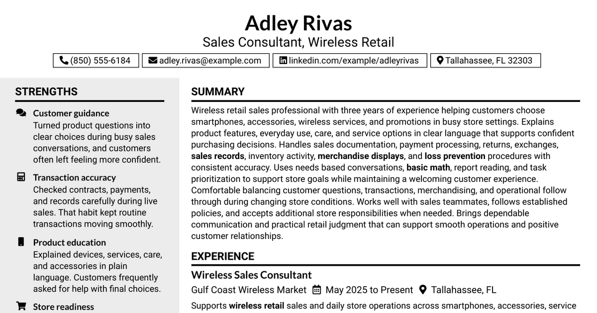 7 Sales Consultant - Wireless Retail Resume Templates with Example