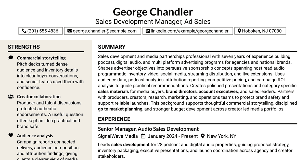7 Sales Development Manager, Ad Sales - Podcast & Audio Creator Resume Templates with Example