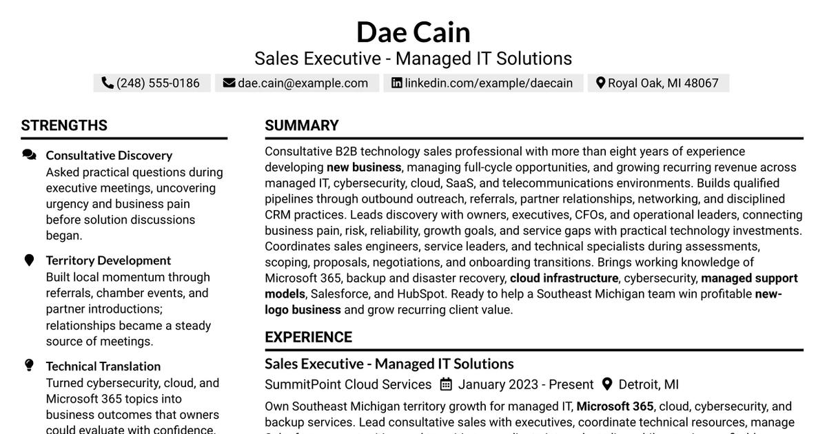 33 Sales Executive - Managed IT Solutions Resume Templates with Example 2026 (ATS-Optimized)