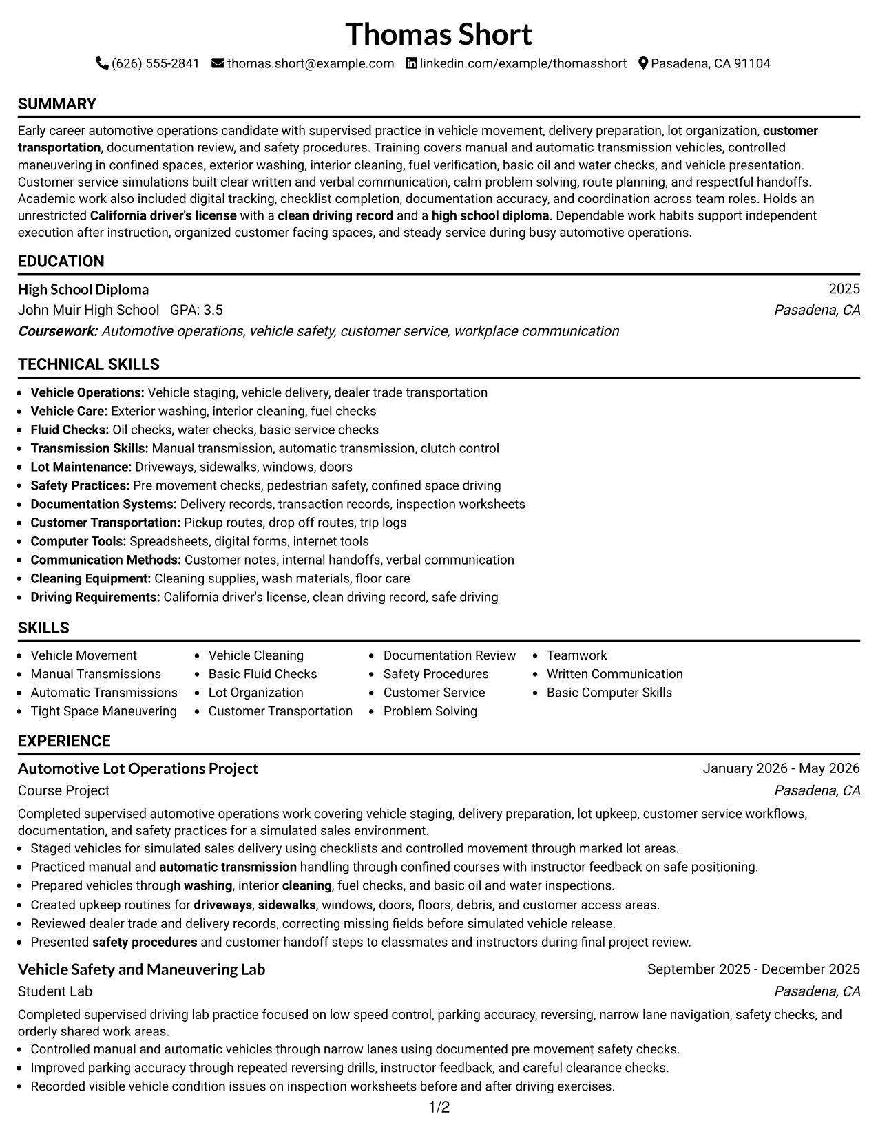 Resume Example Page 1