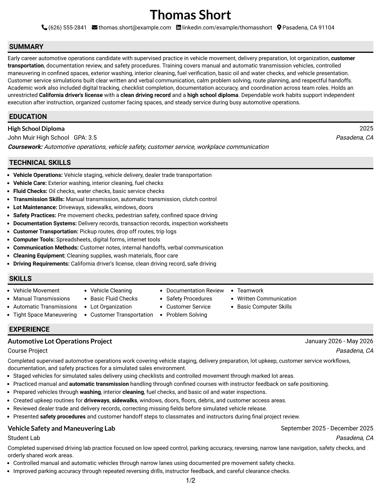 Resume Example Page 1