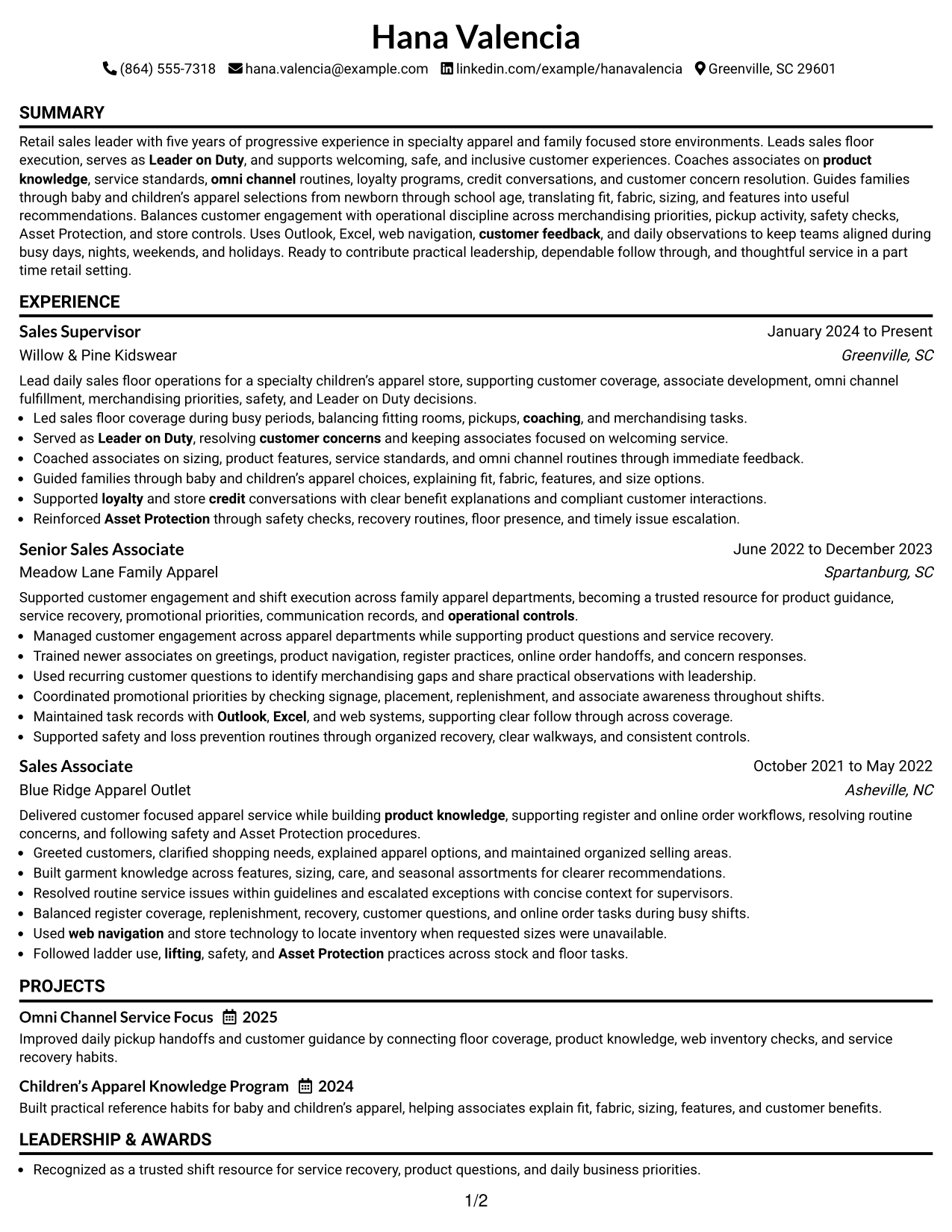Resume Example Page 1