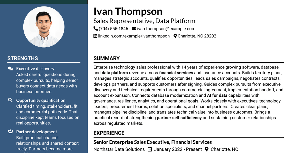 7 Sales Representative, Data Platform - Financial Services & Insurance Resume Templates with Example