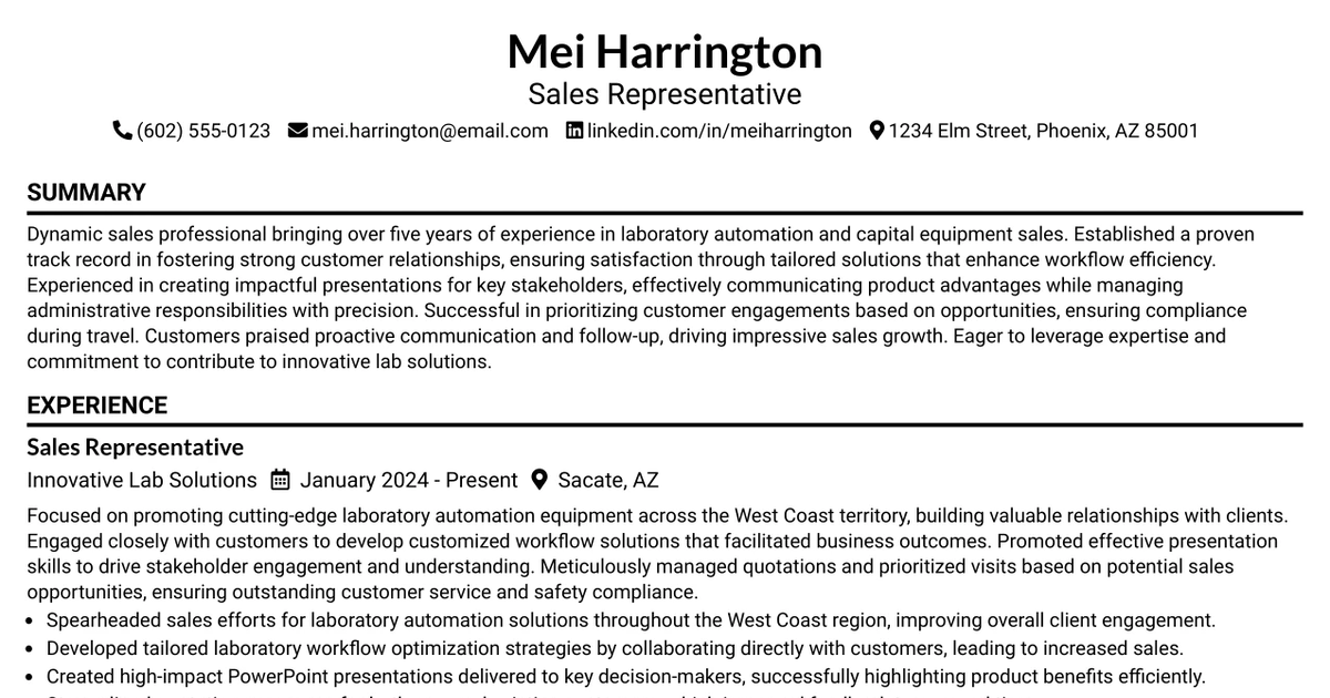 33 Sales Representative - Laboratory Automation Resume Templates with Example 2026 (ATS-Optimized)