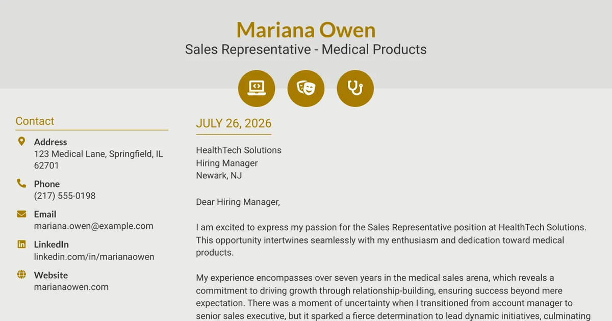 30+ Sales Representative - Medical Products Cover Letter Templates with Example 2026