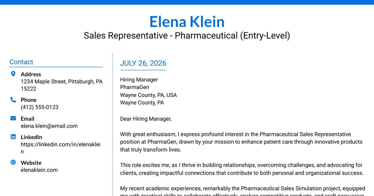 30+ Sales Representative - Pharmaceutical (Entry-Level) Cover Letter Templates with Example 2026