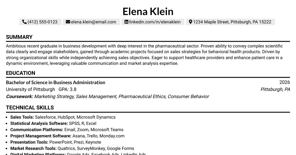 33 Sales Representative - Pharmaceutical (Entry-Level) Resume Templates with Example 2026 (ATS-Optimized)