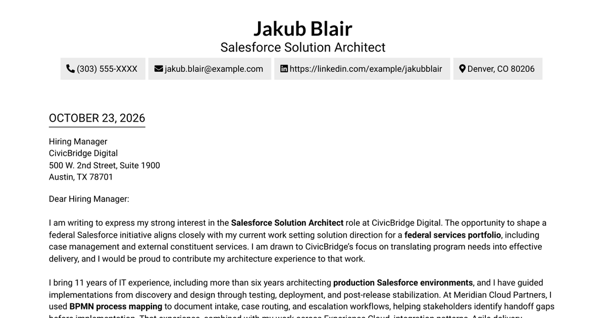 7 Salesforce Solution Architect - Experience Cloud Cover Letter Templates with Example