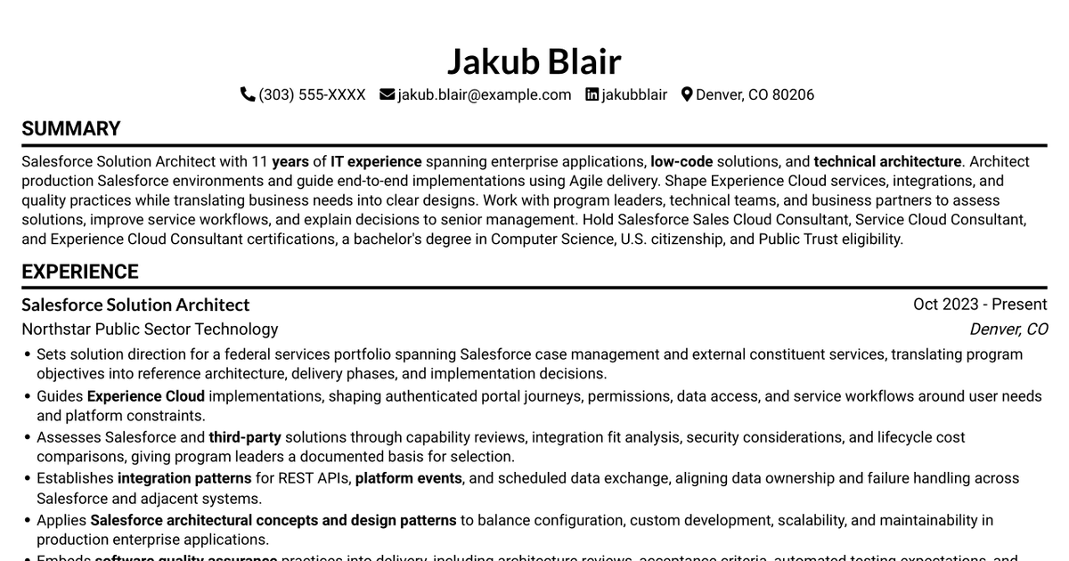 7 Salesforce Solution Architect - Experience Cloud Resume Templates with Example