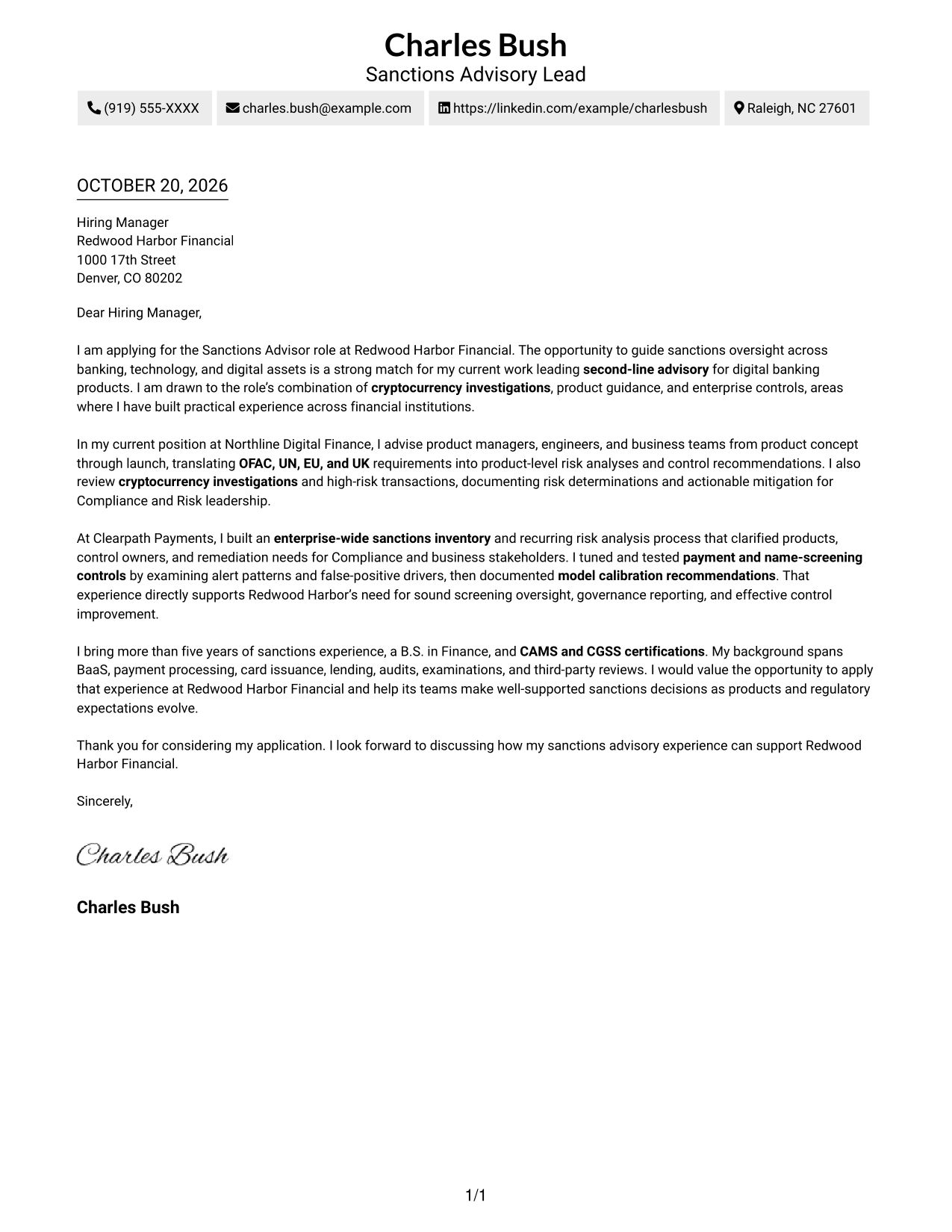 Cover letter example — page 1