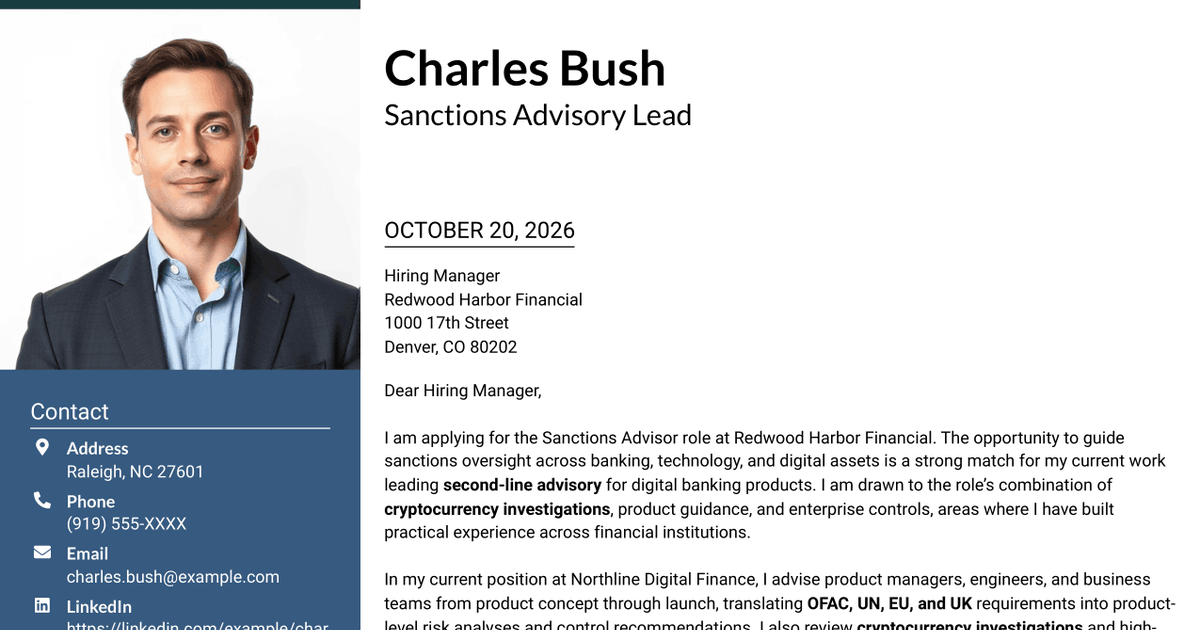 7 Sanctions Advisor - Digital Assets and Banking Cover Letter Templates with Example