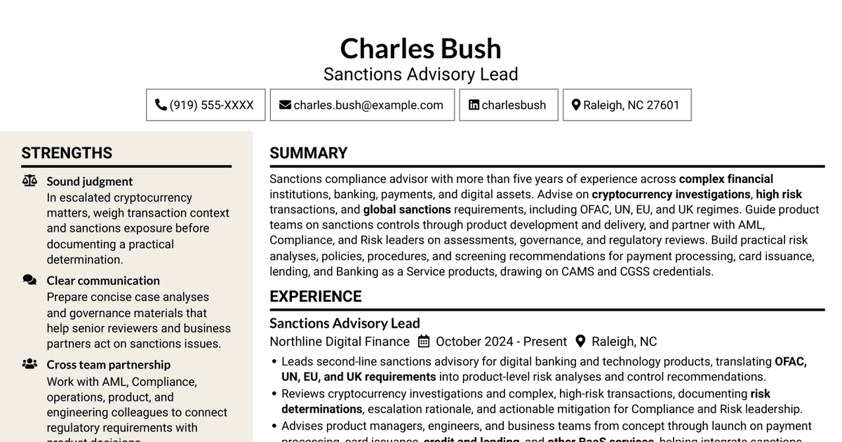 7 Sanctions Advisor - Digital Assets and Banking Resume Templates with Example