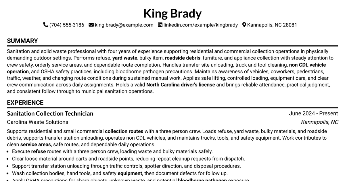 7 Sanitation Technician I Resume Templates with Example