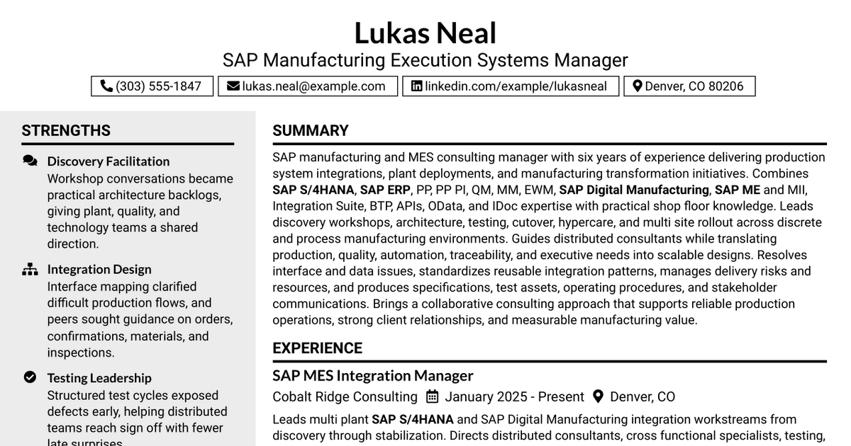 7 SAP Manufacturing Execution Systems - MES - Manager - Consulting Resume Templates with Example