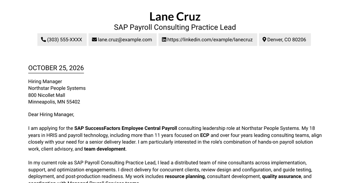7 SAP SuccessFactors Employee Central Payroll (ECP) Consultant/Manager Cover Letter Templates with Example