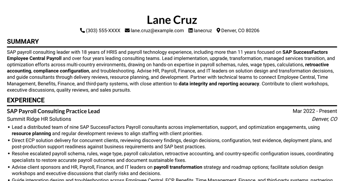 7 SAP SuccessFactors Employee Central Payroll (ECP) Consultant/Manager Resume Templates with Example