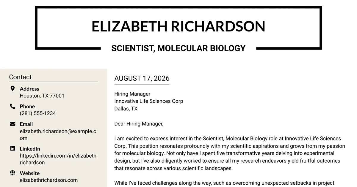 30+ Scientist, Molecular Biology Cover Letter Templates with Example 2026