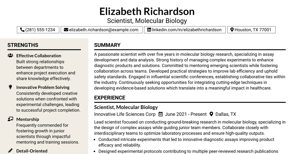 33 Scientist, Molecular Biology Resume Templates with Example 2026 (ATS-Optimized)