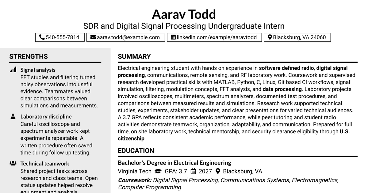7 SDR/Digital Signal Processing Undergraduate Intern Resume Templates with Example