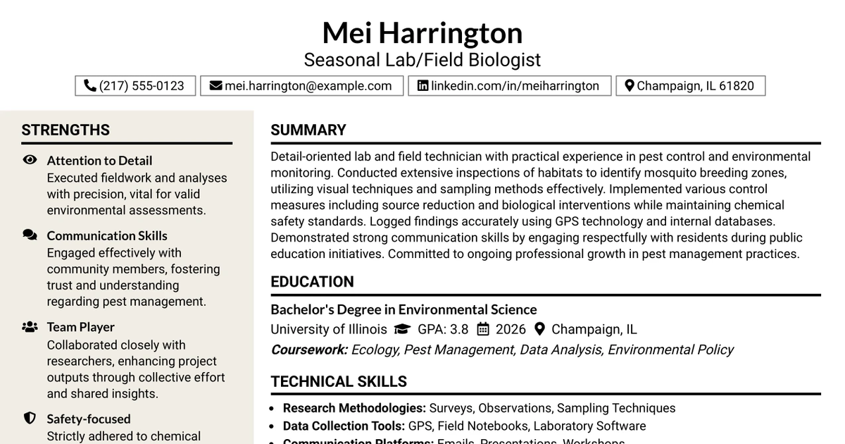 33 Seasonal Lab/Field Biologist Resume Templates with Example 2026 (ATS-Optimized)