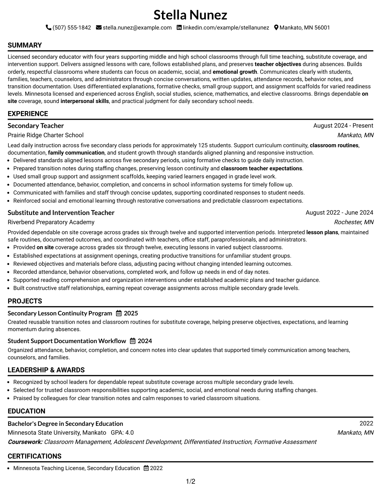 Resume Example Page 1