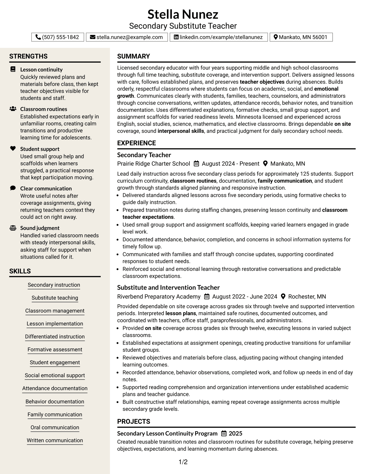 Resume Example Page 1