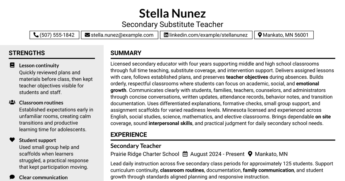 7 Secondary On-Site Guest (Substitute) Teacher Resume Templates with Example