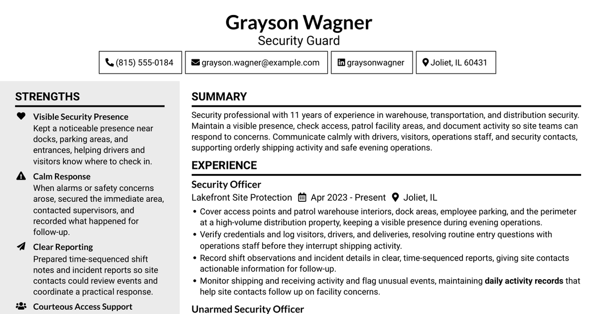7 Security Guard - Logistics and Distribution Resume Templates with Example