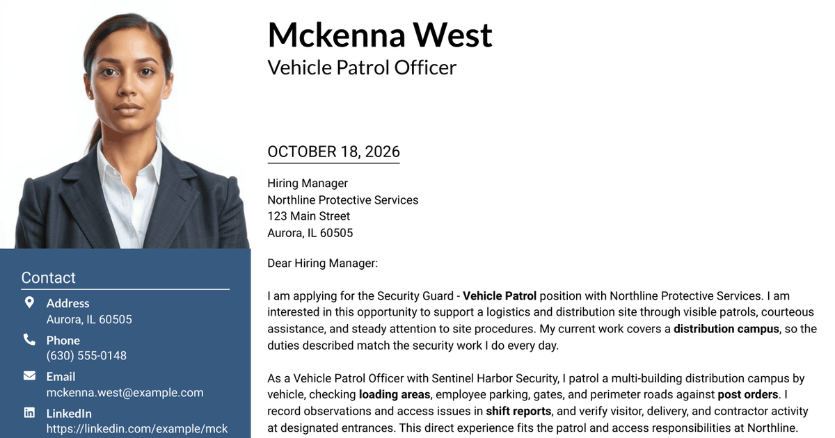 7 Security Guard - Vehicle Patrol Cover Letter Templates with Example