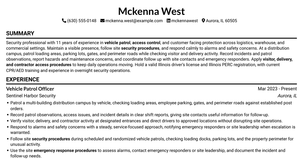 7 Security Guard - Vehicle Patrol Resume Templates with Example