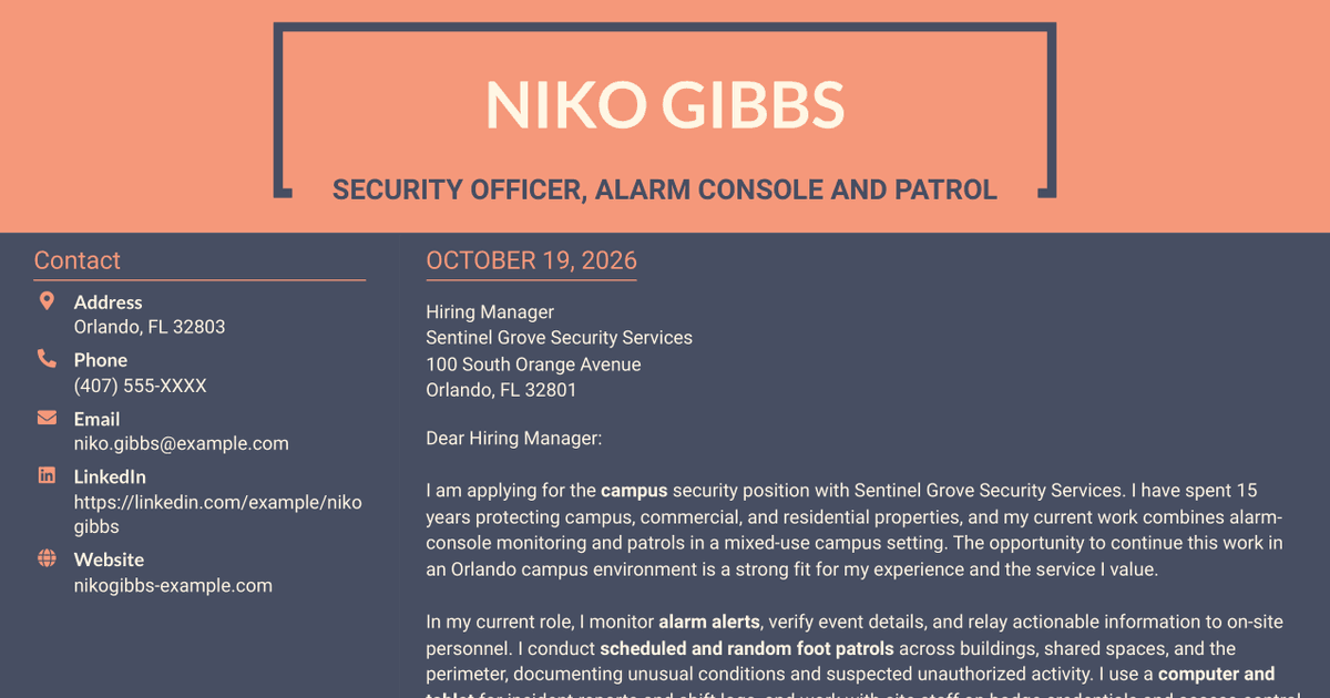 7 Security Officer - Alarm Console and Patrol Cover Letter Templates with Example