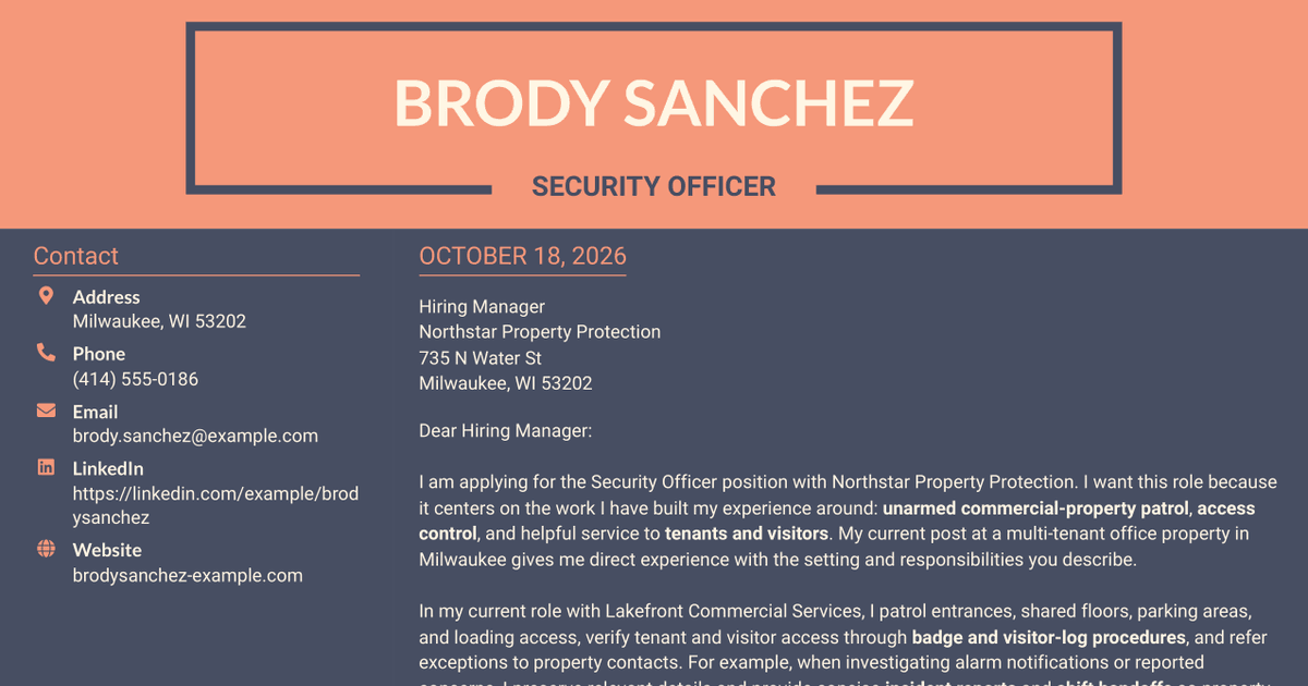 7 Security Officer - Commercial Property Patrol Cover Letter Templates with Example