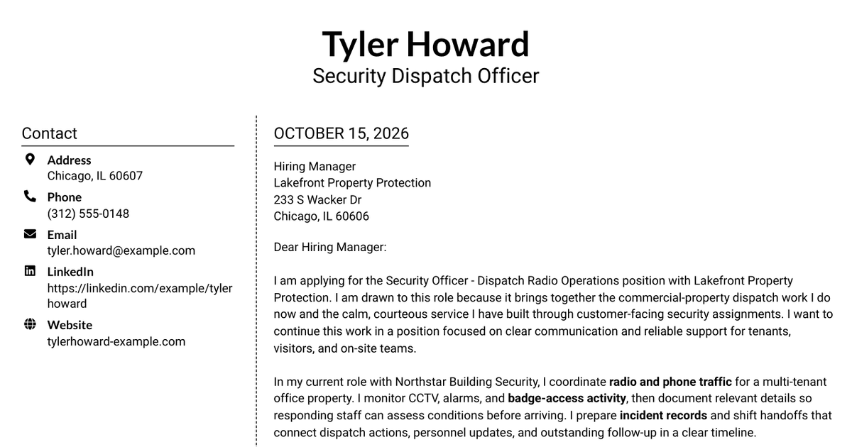 7 Security Officer - Dispatch Radio Operations Cover Letter Templates with Example