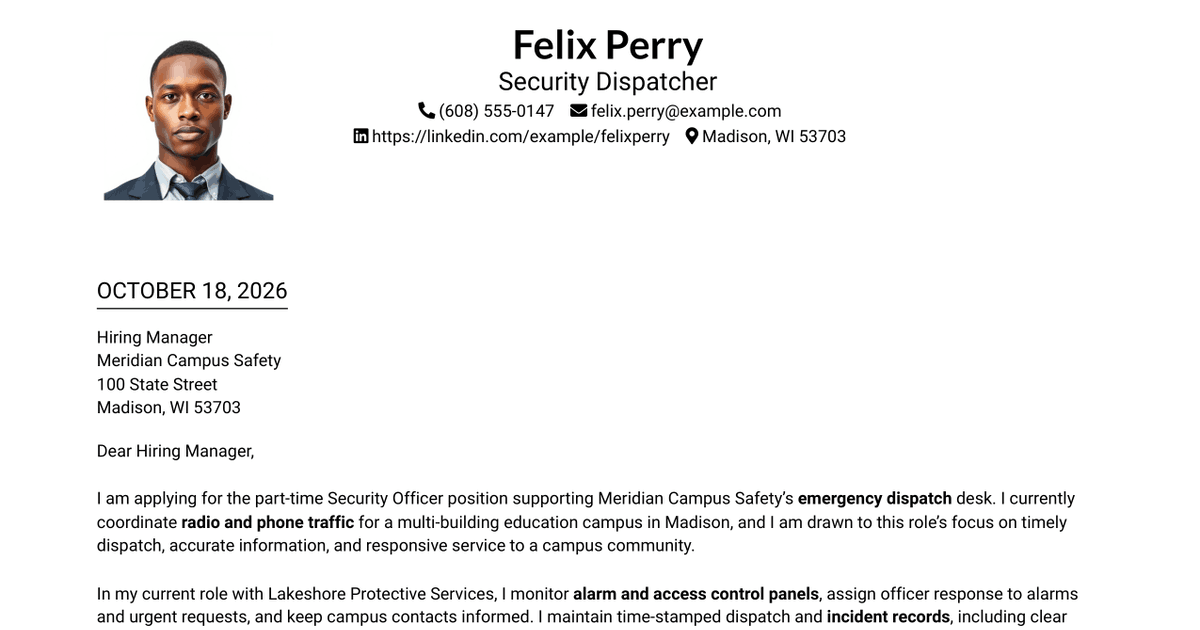 7 Security Officer - Emergency Dispatch Desk Cover Letter Templates with Example