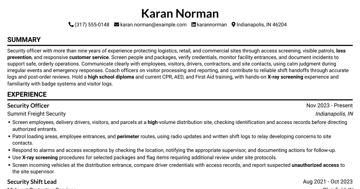 7 Security Officer - Logistics Screening Resume Templates with Example