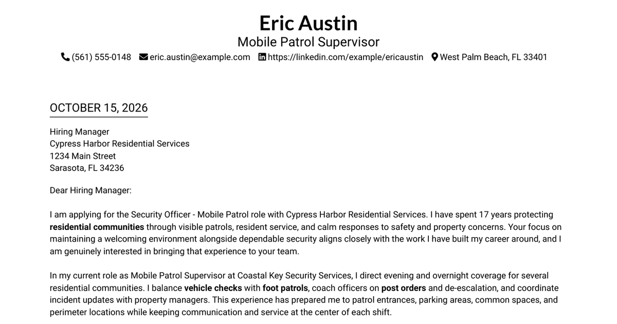 7 Security Officer - Mobile Patrol Cover Letter Templates with Example