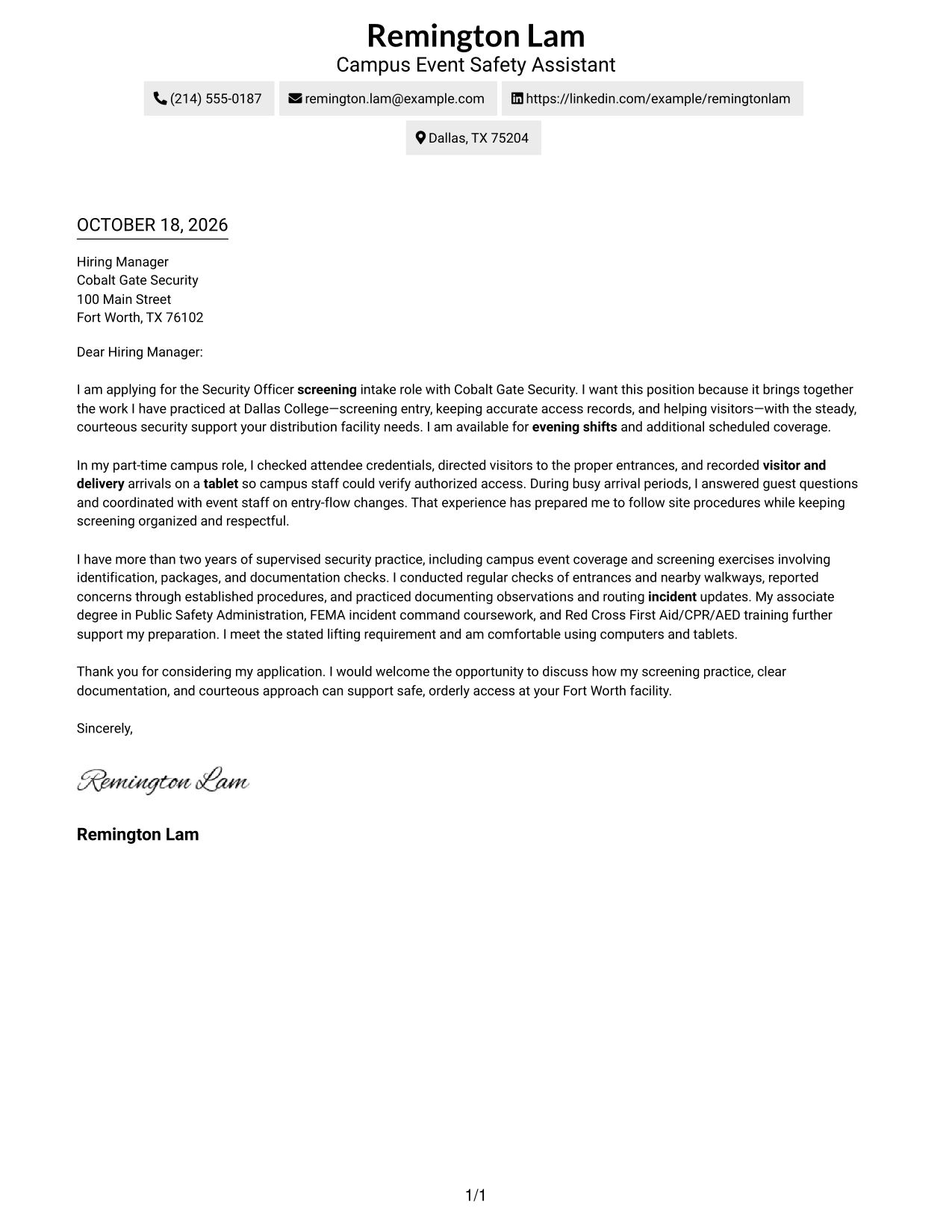 Cover letter example — page 1