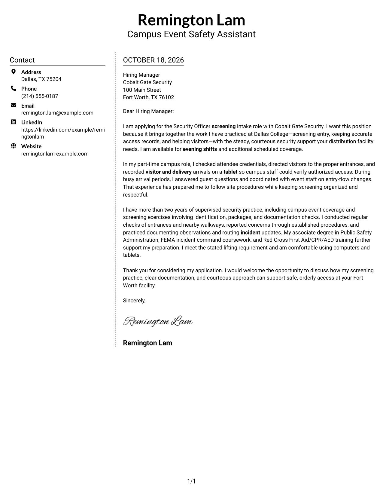 Cover letter example — page 1