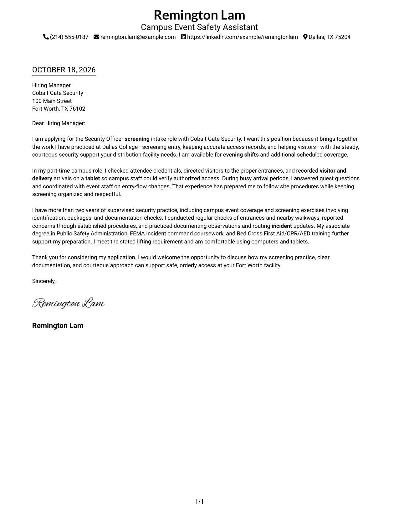 Cover letter example — page 1